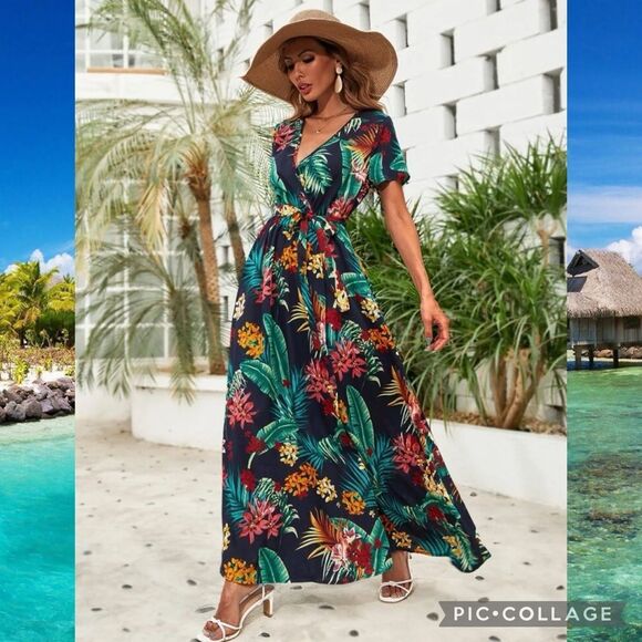 Boho Floral Maxi Open Leg Wrap Belted Dress Size Medium - Picture 4 of 8